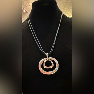 Silver Wavy Oval Pendant Necklace on Black Leather Cord